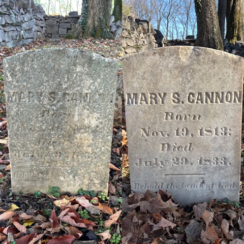 Two version of a headstone - one unreadable and one cleaned so the name Mary Cannon is visible.
