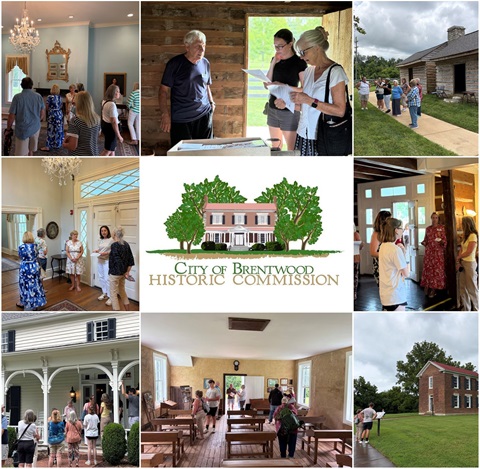 A collage of photos of people visiting Brentwood's historic properties