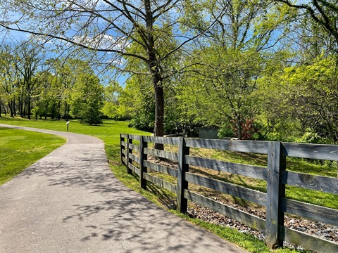 A paved path in front of the Brentwood Library