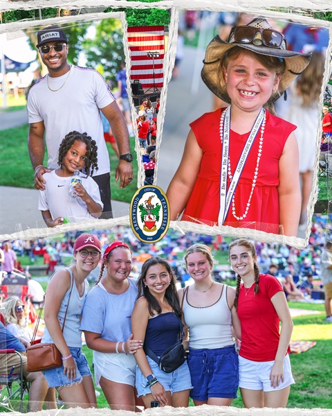 Collage of photos of people at the July 4, 2025 concert. They're all dressed in red, white, and blue and smiling for the camera.