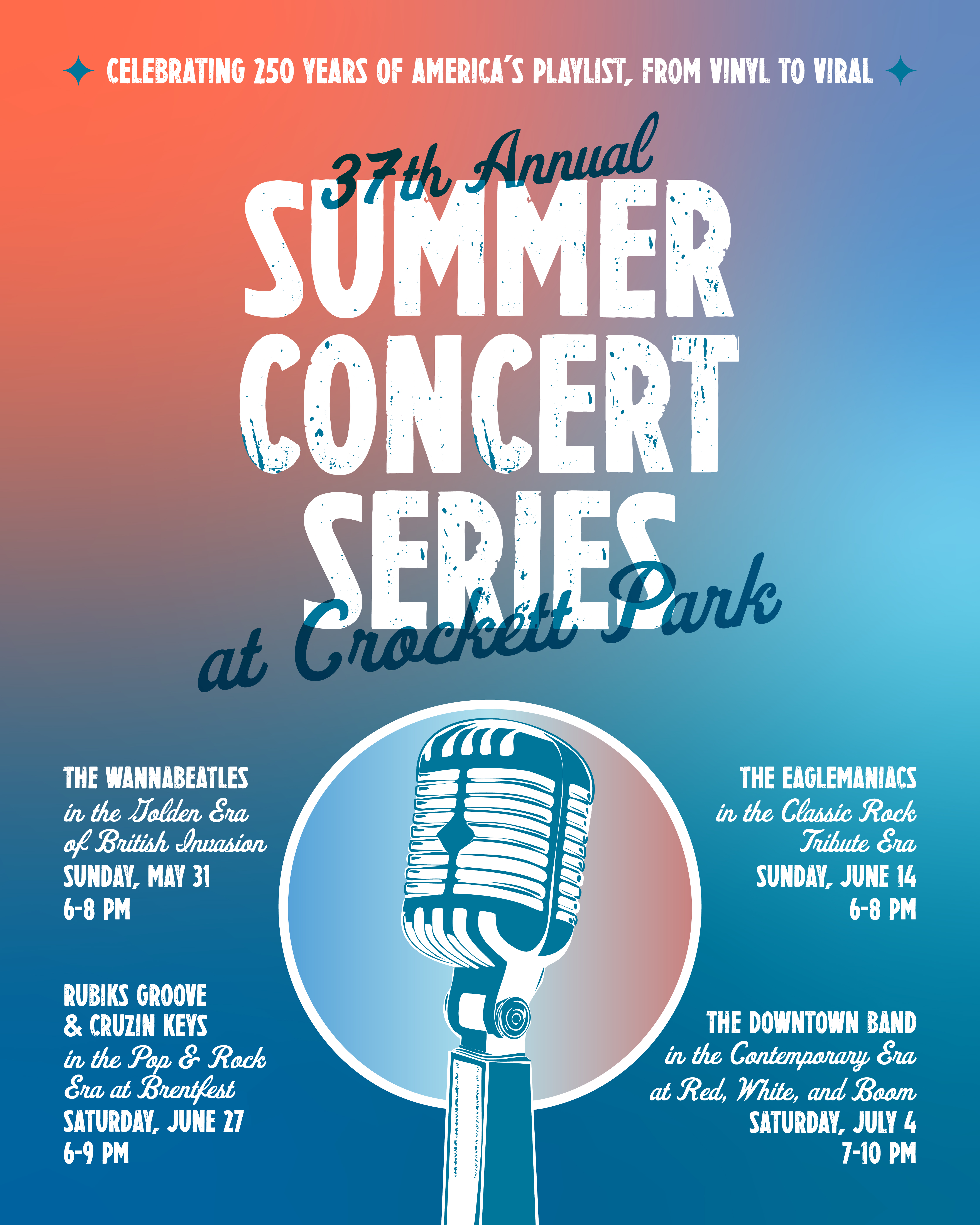 Promotional poster for the 37th annual summer concert series, listing the concert dates and band names. The background is a red, white, and blue gradient and there's an old fashioned microphone.