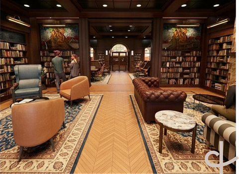 A rendering of the dark wood, pin-tuck couches and bookshelves in the proposed library teen space