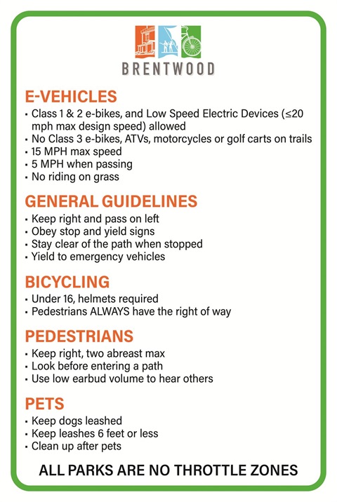 A sign listing e-bike guidelines in parks, including no throttle zones