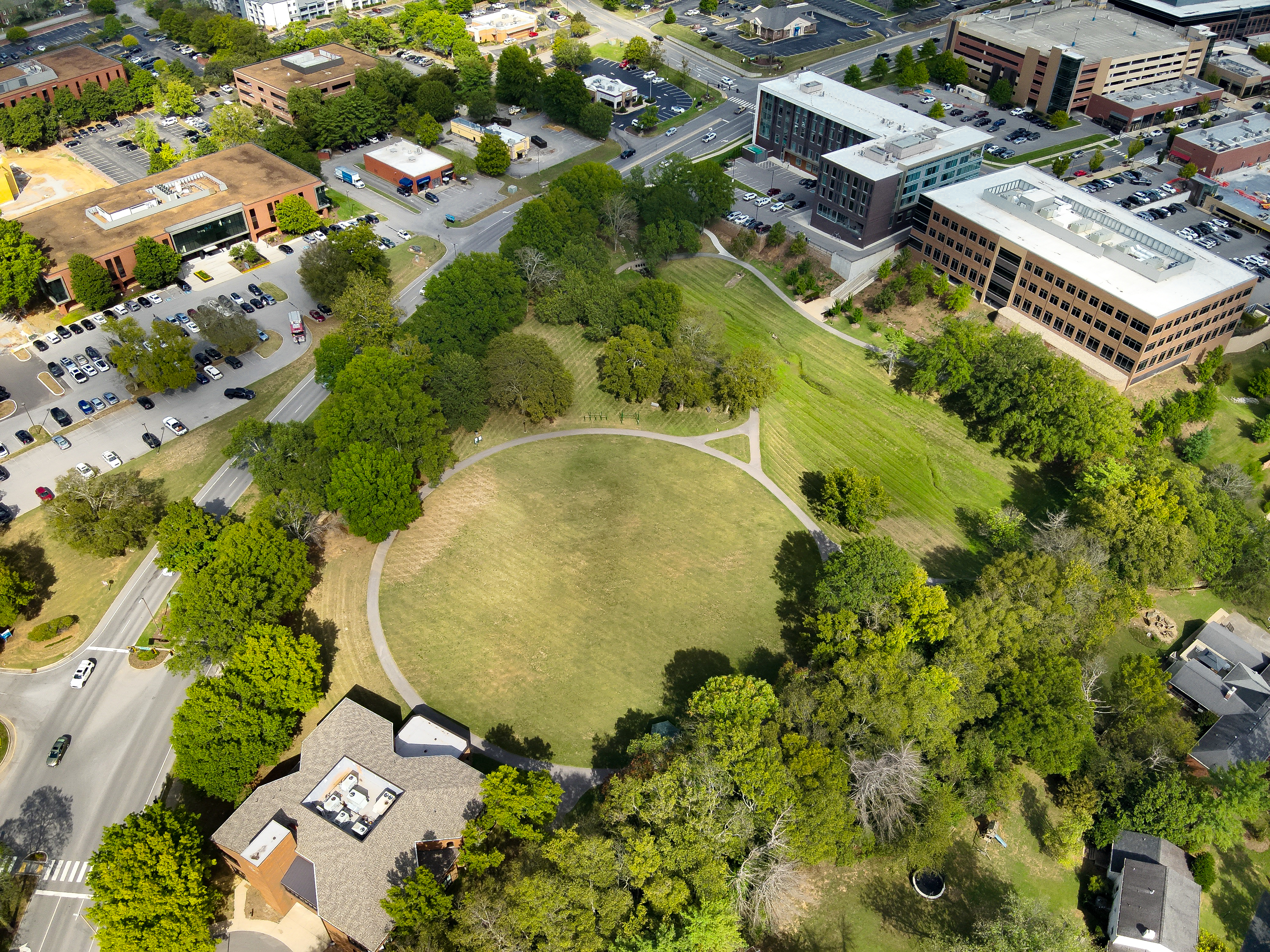 A drone shot of the Maryland Way park.
