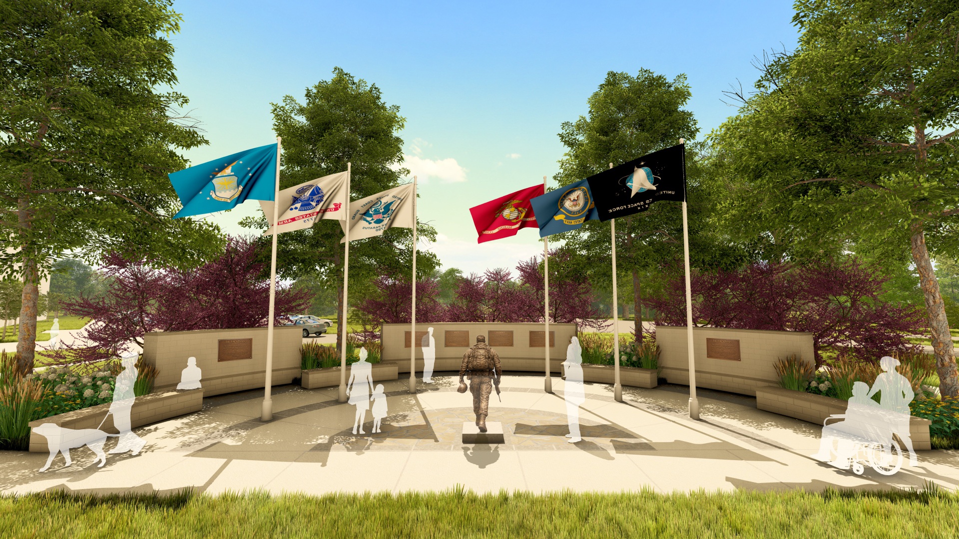 A rendering of the plaza with a soldier statue